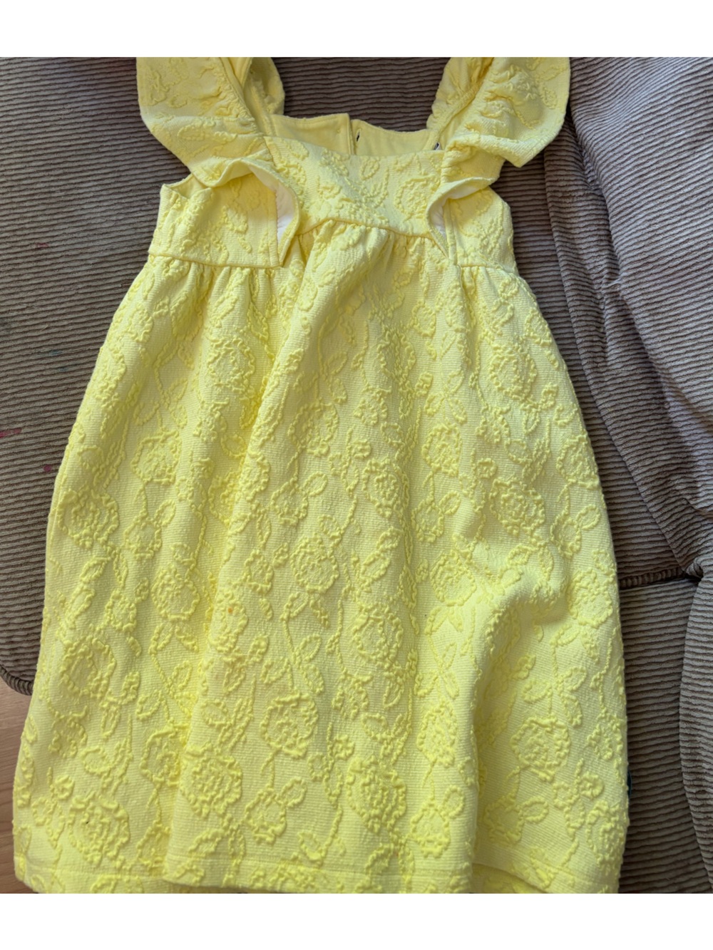 Yellow Textured Floral Ruffle-Shoulder Dress for Girls